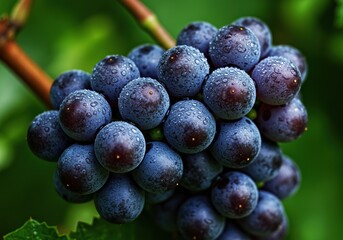 Lush cluster of deep purple grapes, speckled with dew, captures the essence of a crisp autumn harvest morning ,purple ,healthy eating ,ripe