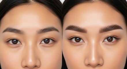 Before and after eyebrow lamination and shaping. Macro shot of Asian woman's eyes showing transformation from sparse to thick, groomed brows for beauty salons, eyebrow artists, cosmetology schools 