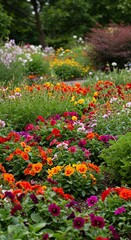 Fototapeta premium A vibrant, colorful flowerbed showcasing a beautiful assortment of blooming plants and lush green foliage, enhancing any garden space ,botanical ,outdoors ,display