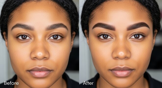 Before-and-after comparison of eyebrow enhancement on dark-skinned woman. Perfect for beauty tutorials, cosmetic product advertising, or salon promotions.