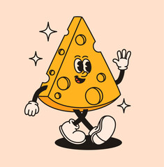 Groovy slice of cheese character in retro style. Flat vector illustration.