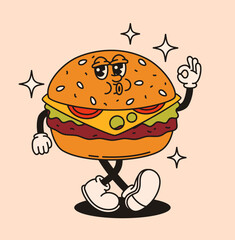 Groovy burger mushroom character in retro style. Flat vector illustration.