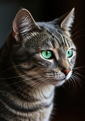 Fototapeta premium A majestic domestic short-haired cat with striking emerald green eyes gazes intently, showcasing its captivating beauty and calm nature ,graceful ,striking ,gaze