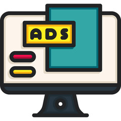 Computer Monitor Displaying Ads Banner With Yellow and Teal Colors On A White Background With Transparent Background