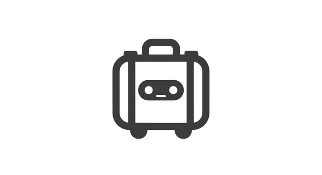 Dark grey luggage on wheels with a face icon in the center