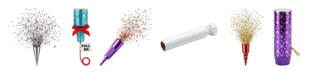 Fototapeta premium Confetti popper set including unopened crackers and exploding confetti in multi-color and gold isolated. Festive celebration and party elements.