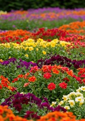 Vibrant, colorful flowers blooming in a meticulously designed garden flowerbed, showcasing nature's beauty and horticultural artistry ,colorful ,park ,outdoors