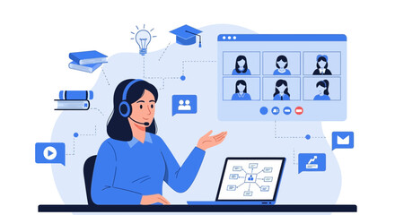 Illustration of a woman participating in a video conference for education purposes