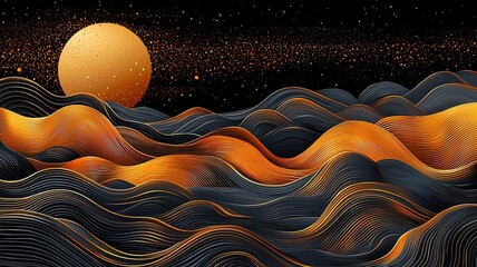 Black background oriental style golden line art mountains with moon vector illustration for wall decor
