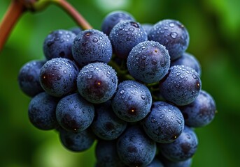 Lush cluster of deep purple grapes, speckled with dew, captures the essence of a crisp autumn harvest morning ,healthy eating ,black grapes ,fruit