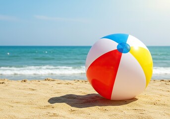 A vibrant beach ball rests on golden sand near the sparkling ocean, evoking summer fun and relaxation under clear skies ,idyllic ,peaceful ,playful