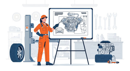 Woman Mechanic Explaining Car Engine Diagram in Auto Repair Workshop Training Session
