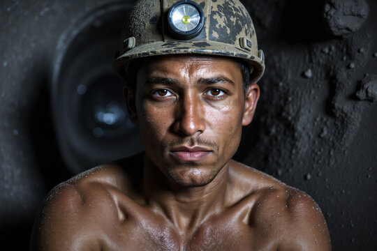 A serious young Hispanic man with a headlamp-equipped hard hat gazes directly at the viewer in a dark, underground working environment. - Powered by Adobe