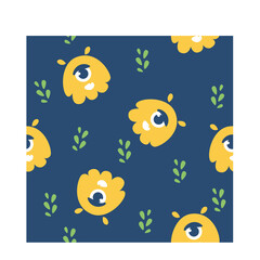 Cute yellow cartoon monsters with big eyes and green leaves scattered on a dark blue background seamless pattern illustration