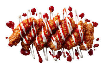 Crispy golden fried chicken tenders artistically drizzled with red and white sauces, isolated on a white background.
