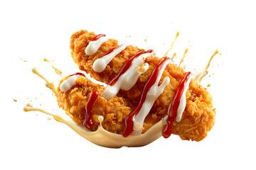 Two golden crispy fried chicken tenders drizzled with white and red sauces, surrounded by a dynamic splash of yellow sauce.