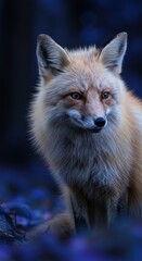 Vibrant blue fox gazing intently in a dreamlike forest, its fur shimmering with magical hues. A striking, unique wildlife image ,watchful ,wildlife ,vibrant