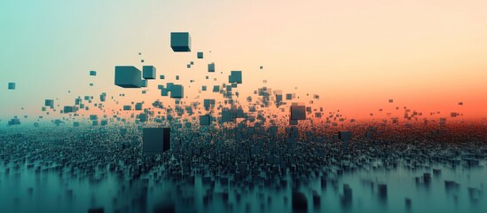 Abstract cubes floating, with gradient sky, reflected on teal ground