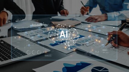 A focused business meeting highlights the integration of artificial intelligence concepts, showcasing data analysis and collaborative teamwork in a modern workspace. Raster - Powered by Adobe