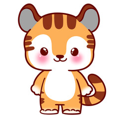 Cute cartoon tiger with big eyes and striped fur on transparent background featuring soft pink cheeks and orange and white body with brown stripes on tail 