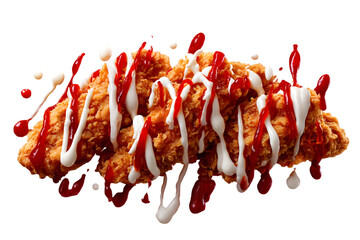 Crispy fried chicken strips drizzled with ketchup and mayonnaise.