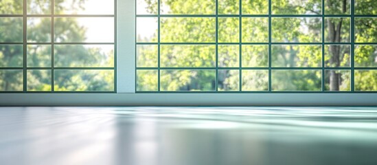Fototapeta premium Bright room with gridded window overlooking green trees