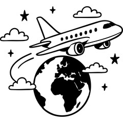 Airplane Flying Around The Earth With Clouds And Stars Graphic Illustration On Transparent Background With White Lines Representing Flight Path