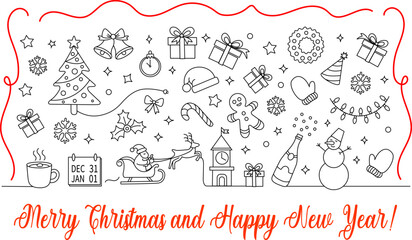 Greeting card and vector linear set for Christmas and New Year on a transparent background. Each object is separate. Suitable for greeting cards, posters, coloring pages, festive design
