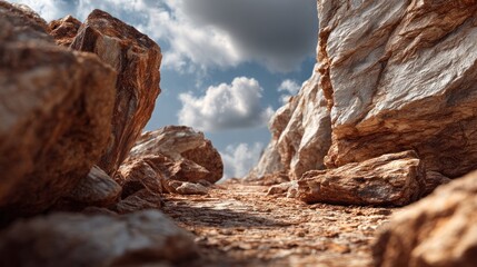 Dramatic rocky landscape with blue sky and clouds, a pathway to an unknown