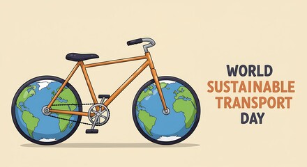 Illustration of a bicycle with Earth globes as wheels, promoting World Sustainable Transport Day, symbolizing eco-friendly travel and environmental awareness.