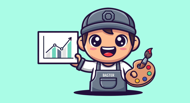 Cute cartoon Baster artist presenting sales graph