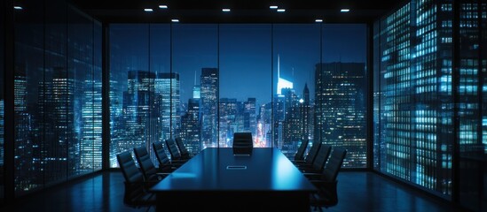 Dark boardroom at night with a cityscape view through large windows