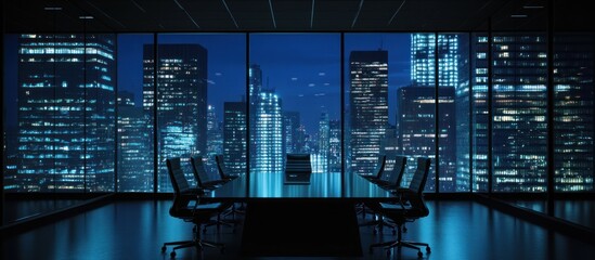 Modern boardroom with a nighttime city skyline view through large windows
