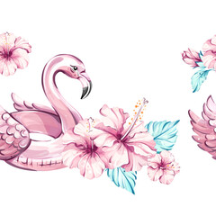 Tropical vacation seamless pattern background wallpaper featuring vibrant flamingos, enchanting hibiscus flowers, and lush foliage for summer celebrations and festive occasions