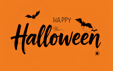 Obraz premium Spooky Happy Halloween text with elegant calligraphy, bats, and webs on a vibrant orange background for festive invitations and posters.