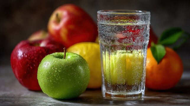 Fresh fruits and sparkling drink create refreshing vibrant healthy lifestyle theme