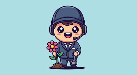 Cartoon of a service worker with flower and wrench