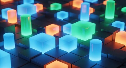 Vibrant Neon Geometric Shapes on a Futuristic Digital Grid