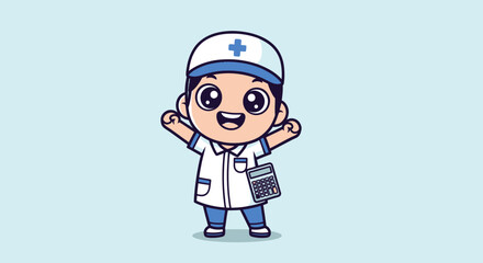 Obraz premium Cheerful cartoon nurse holds calculator against a light blue backdrop