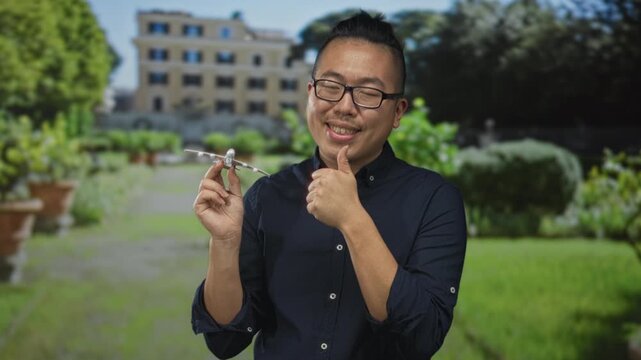 Man holding a model airplane with both hands and giving thumbs up in park near building and hedges; travel optimism.