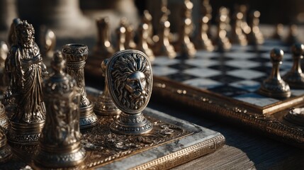 Intricate chess set with lion motif, evocative of strategy and skill
