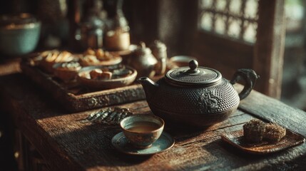 Fototapeta premium Rustic still life with cast iron teapot, cup and sweets on aged wood