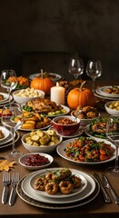 Fototapeta premium A beautifully set table laden with traditional Thanksgiving dishes, showcasing the bounty of the harvest season and festive culinary delights ,food ,rolls ,gravy