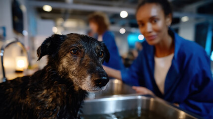 In a pet grooming salon, a woman in a blue uniform carefully washes a dog, highlighting the professional grooming process and the care given to pets by trained specialists.