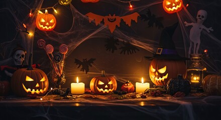 Festive Halloween party decorations illuminate a dark room with spooky lights, cobwebs, and autumnal treats, creating an eerie atmosphere ,pumpkin ,holiday ,night