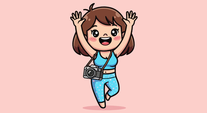 Cartoon girl with camera, hands up, smiling on a pink background
