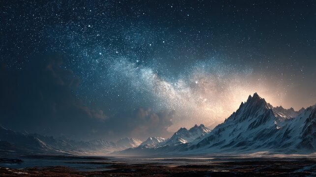 Majestic snowy mountain range under a luminous cosmic, starry sky landscape