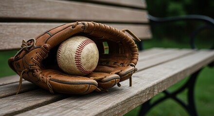 A well-worn, classic leather baseball glove cradles a scuffed vintage baseball on an old wooden bench, evoking timeless sports nostalgia ,leather ,rustic ,equipment