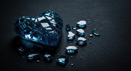 Shattered blue glass heart fragments rest on a somber surface, symbolizing deep emotional pain, brokenness, and profound sadness ,despair ,separation ,introspection