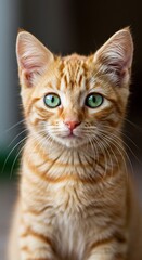 An adorable ginger kitten with bright green eyes looks directly at the camera, exuding irresistible charm and playful innocence ,peaceful ,lovely ,cute